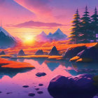 Fantasy illustration: Two dragons by tranquil lake, mountains, vibrant sunset