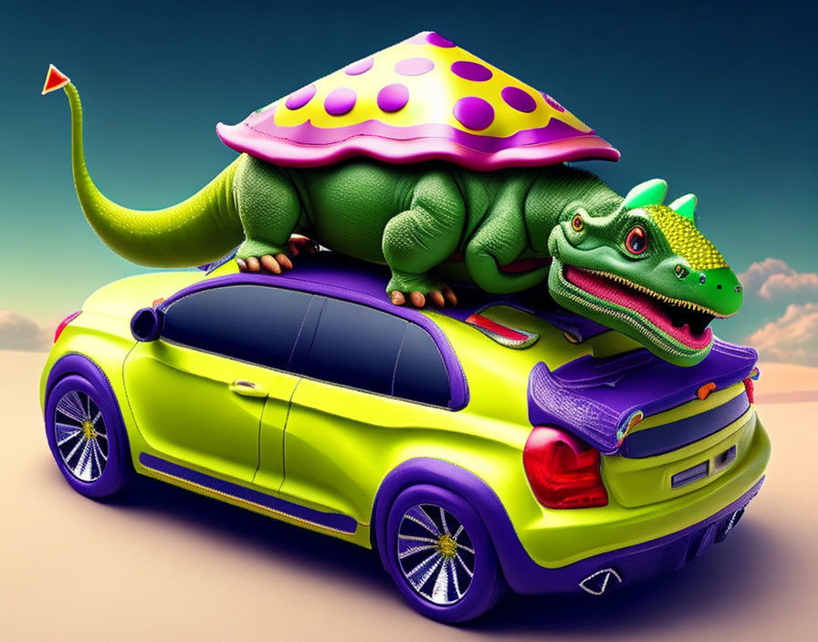 Vibrant digital artwork: Smiling green dinosaur on purple-spotted shell atop yellow car.