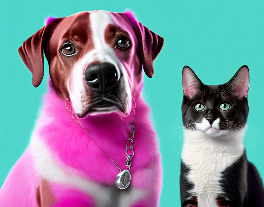 Brown and White Dog and Black White Cat on Teal Background