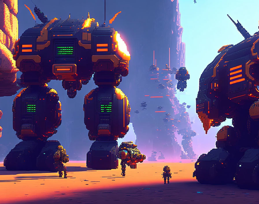 Armored mechs patrol futuristic landscape under orange sky