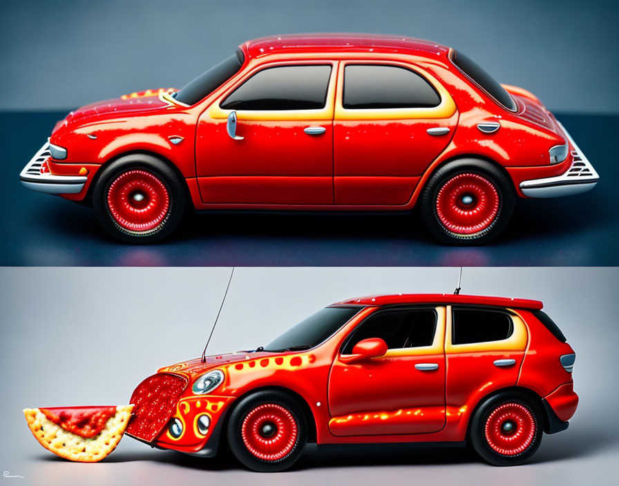 Whimsical red cars inspired by watermelon on grey background