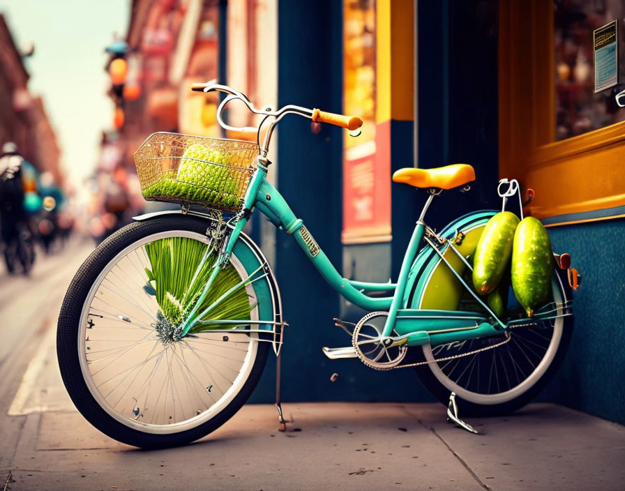 Vintage blue bicycle with front basket on vibrant city street next to building with large windows