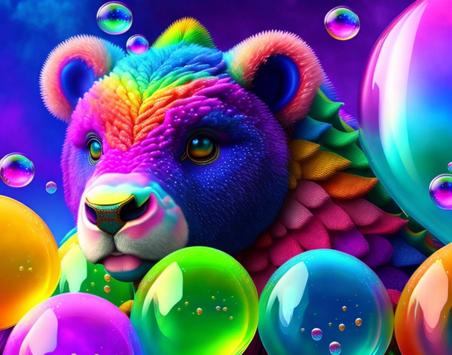 Colorful Lion with Rainbow Mane on Purple Background