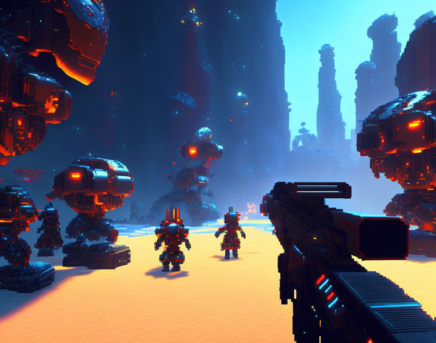 Sci-fi shooter game with robots and futuristic structures under alien night sky