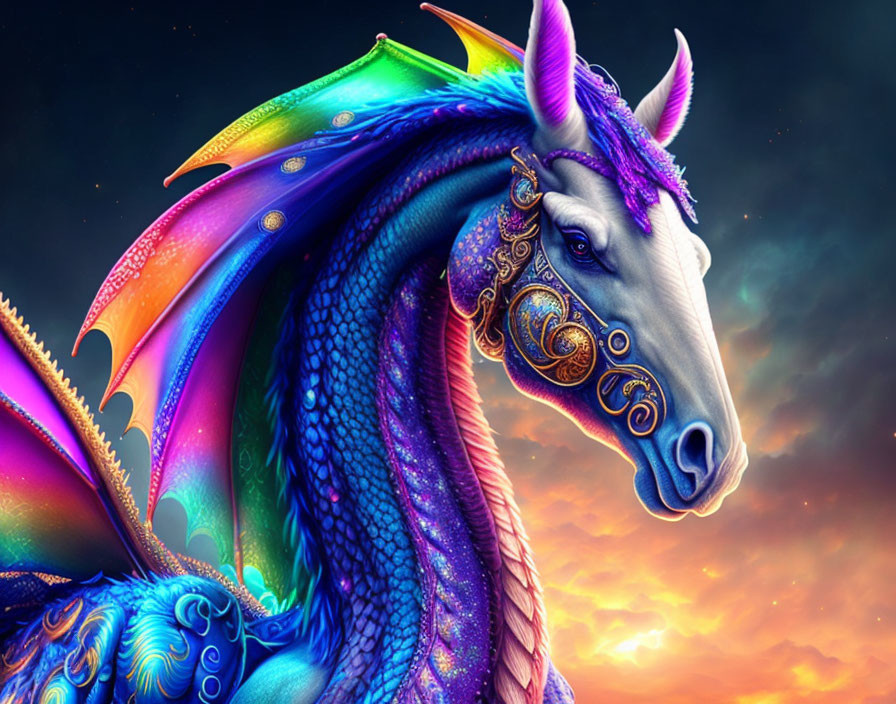 Colorful Majestic Unicorn Illustration on Celestial Sunset Background