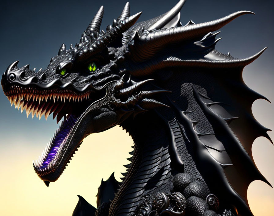 Detailed Black Dragon with Spikes & Green Eyes in Dusk Sky