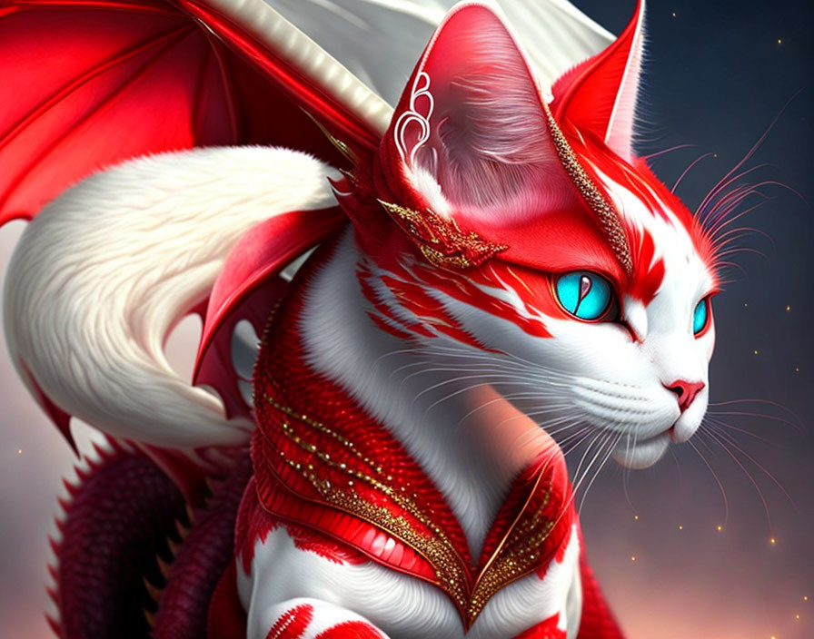 Fantasy illustration of white cat with red dragon wings and golden armor