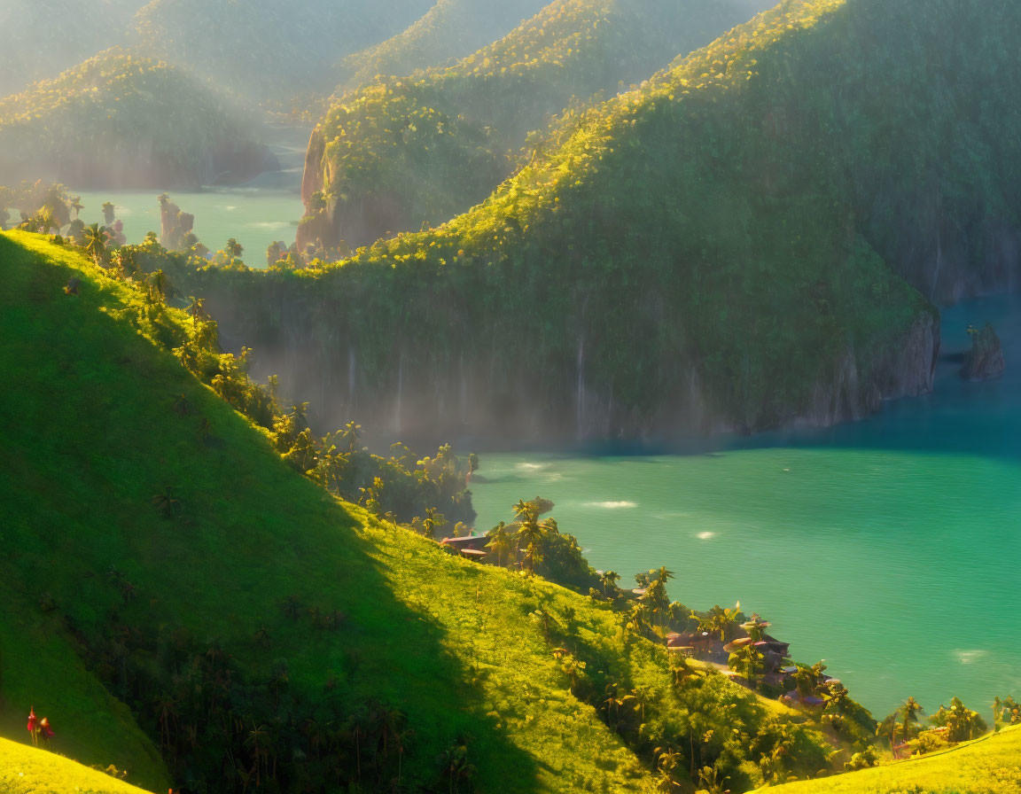 Serenity: Misty hillside with turquoise bay, warm sunlight, and small figures