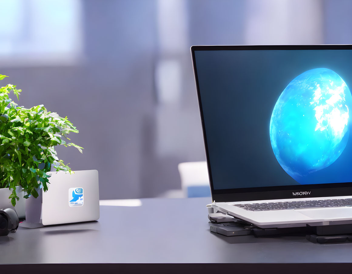 Contemporary workspace with planet wallpaper laptop, headphones, plant, and external drive