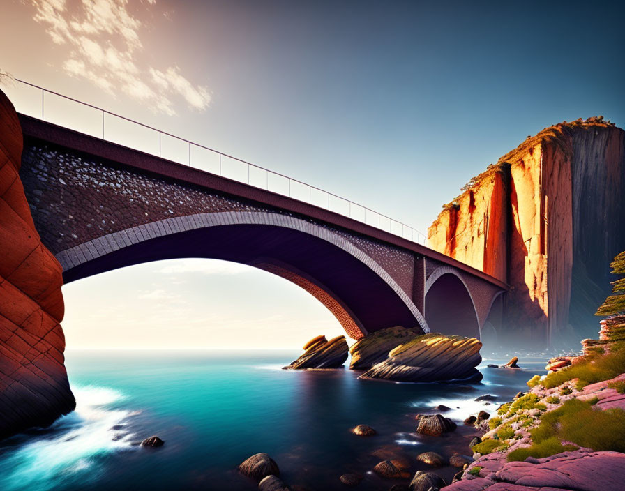 Majestic arched bridge over blue sea between red cliffs