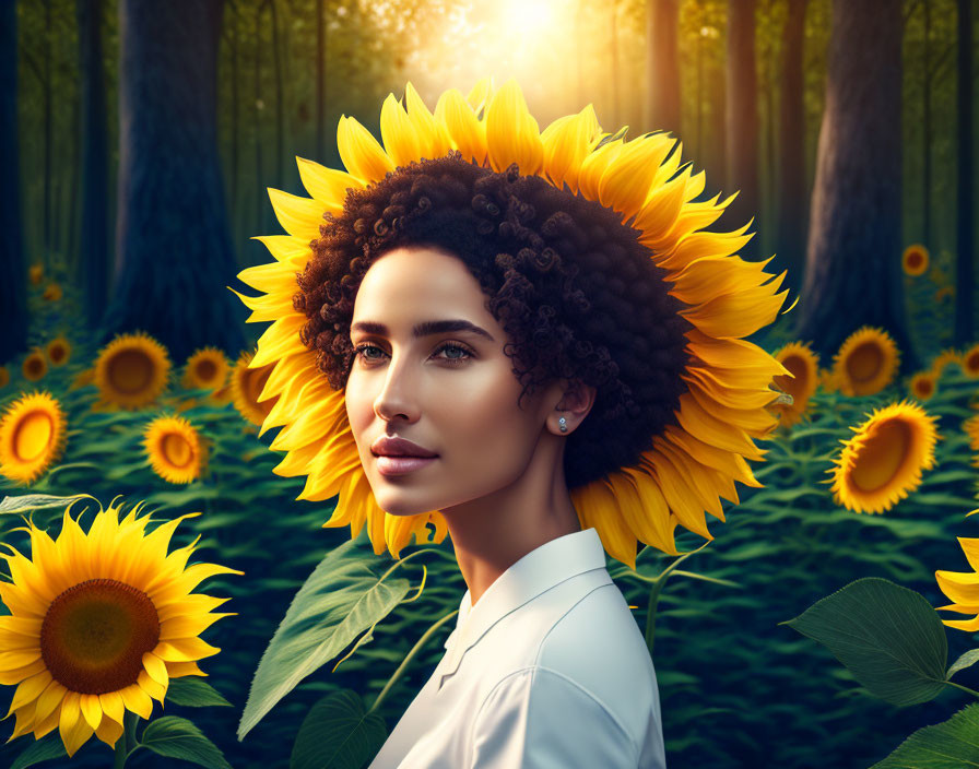 Woman with Sunflower Petal Hair in Sunlit Forest with Sunflowers