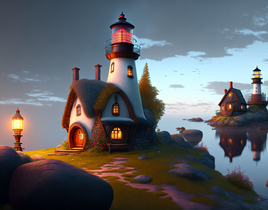 Whimsical lighthouse and cottage by serene lake at twilight