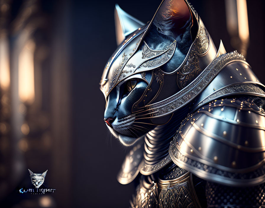 Digital Artwork: Cat in Medieval Knight Armor with Regal Helmet