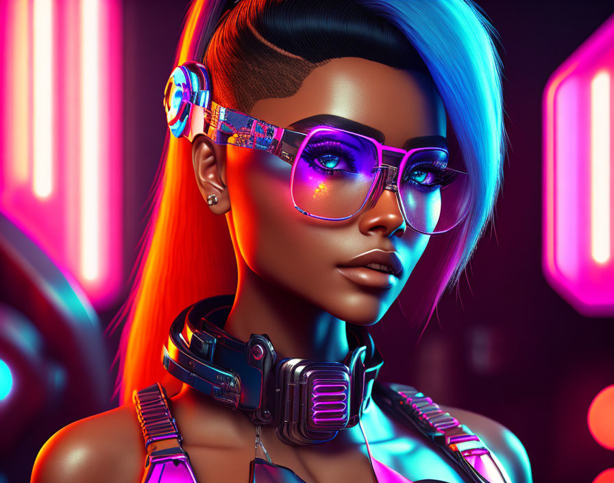 Futuristic woman with blue hair and cybernetic enhancements in neon-lit setting