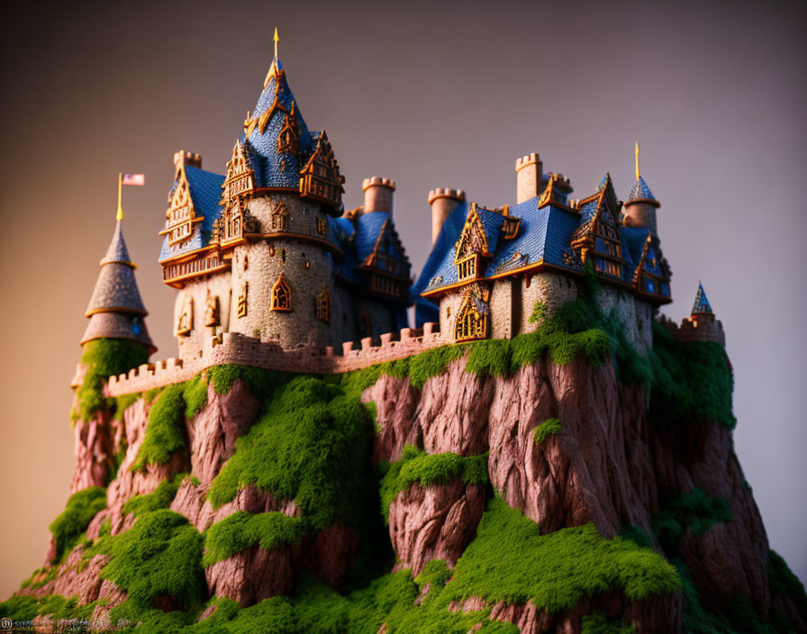 Miniature fairy tale castle with blue roofs on rocky hill covered in green moss