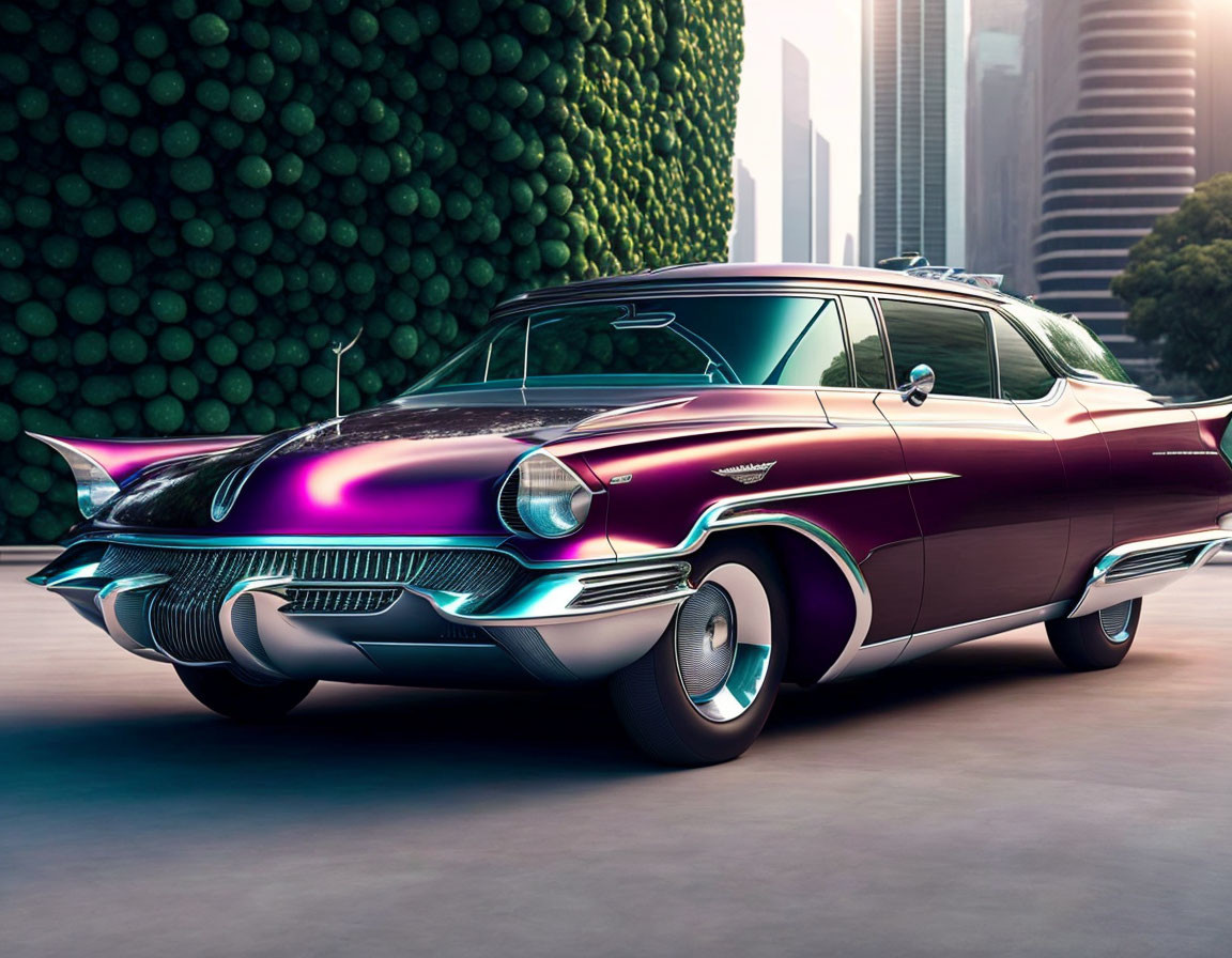 Vintage Purple Car with Tailfins Against Futuristic Cityscape