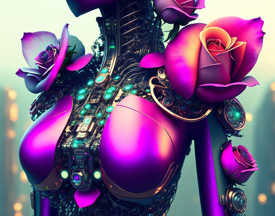 Futuristic artwork: Organic & mechanical blend with purple roses & cybernetic details