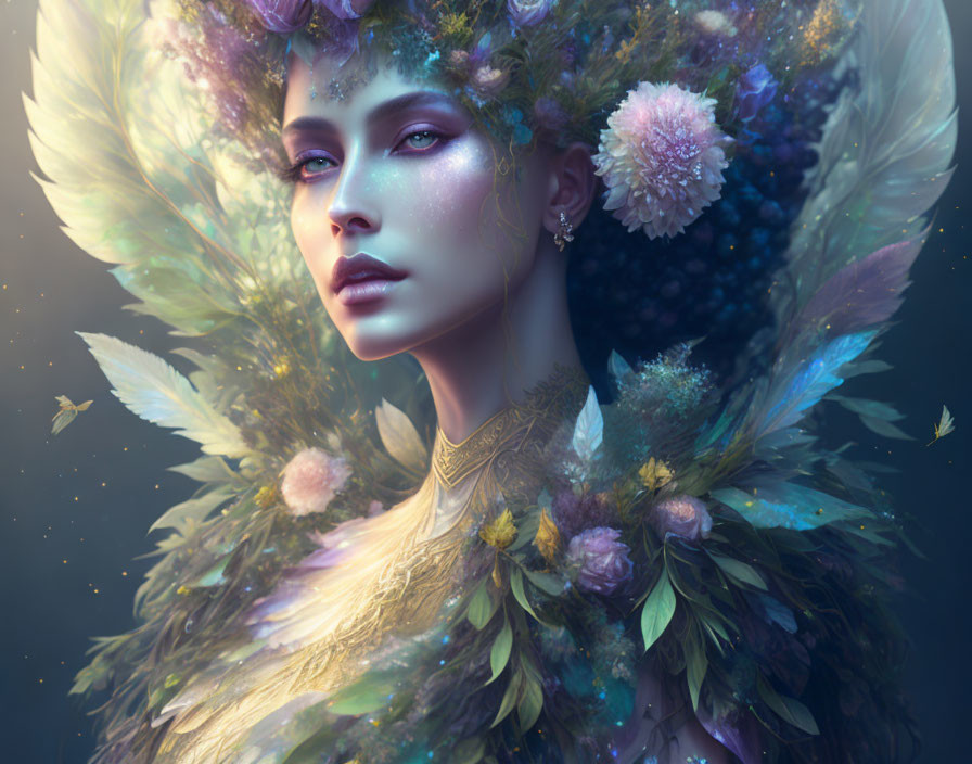 Ethereal woman with floral adornments in mystical setting