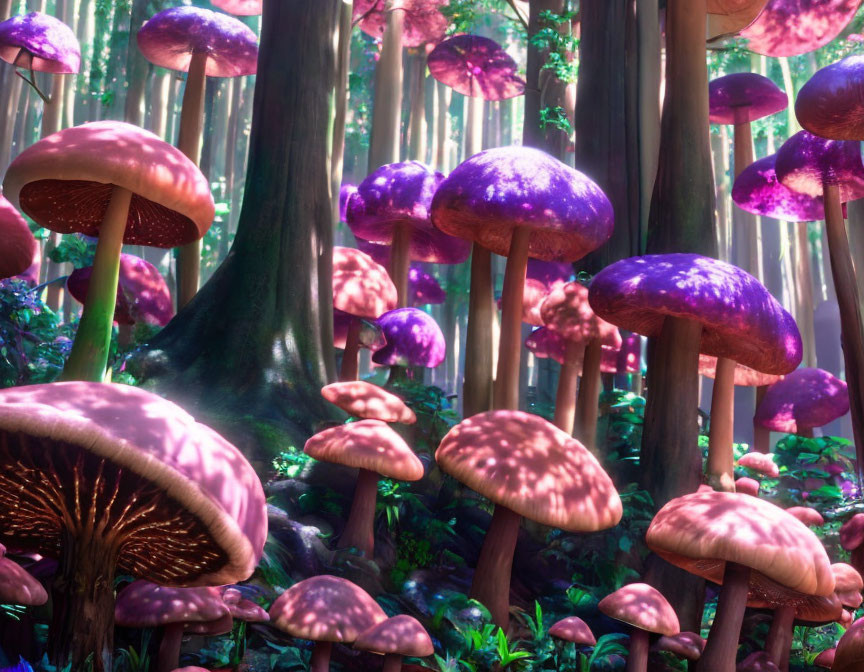 Enchanting forest scene with oversized glowing purple mushrooms