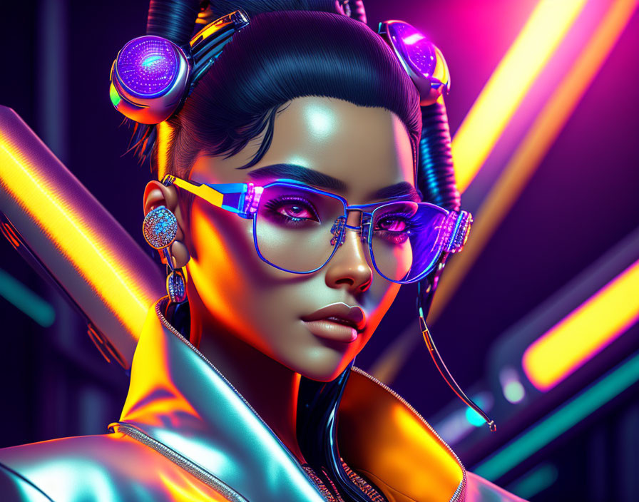 Colorful futuristic woman with neon lights, sunglasses, and headphones