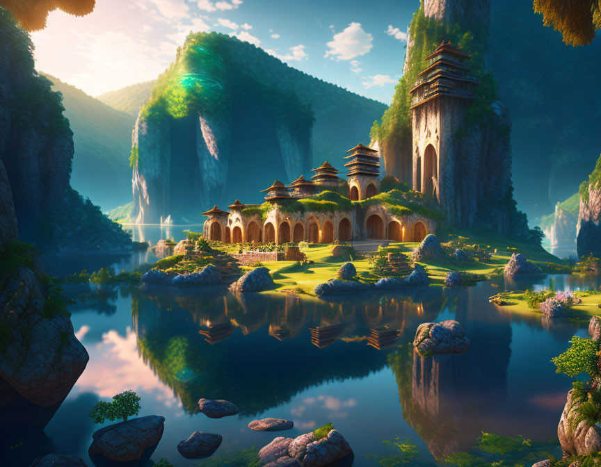 Fantasy Landscape with Ancient Buildings and Towering Cliffs