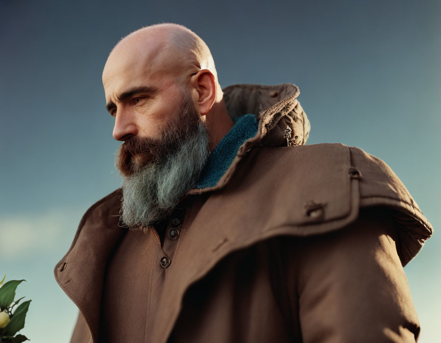 Bald man with blue-tinted beard in fur-lined jacket against dusk sky