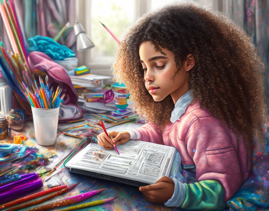 Curly-Haired Girl Coloring in Vibrant Room