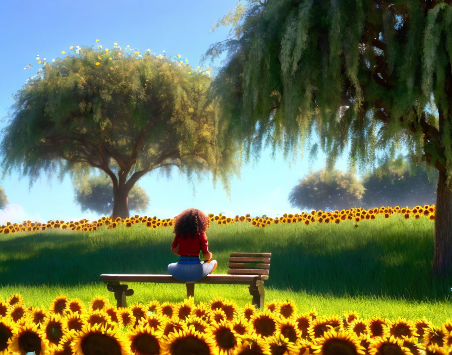 Curly-haired individual admiring sunflowers in park setting.