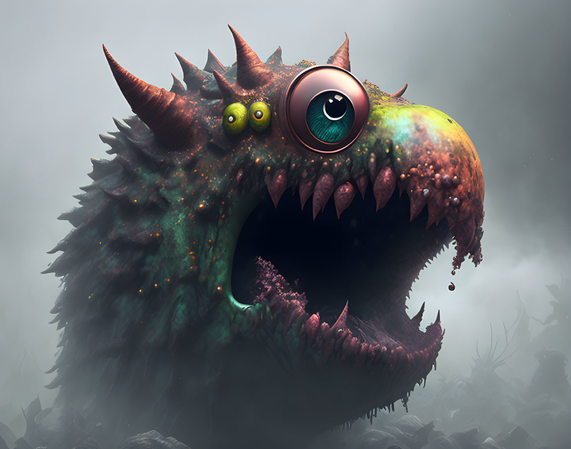 Colorful Whimsical Monster with Multiple Eyes and Sharp Teeth on Misty Background