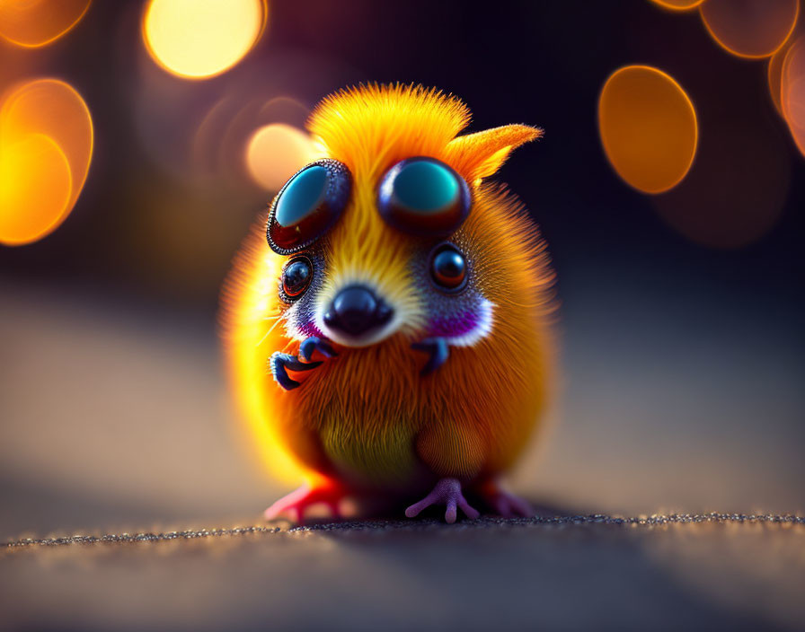 Orange Furry Creature with Expressive Eyes Against Glowing Bokeh Lights