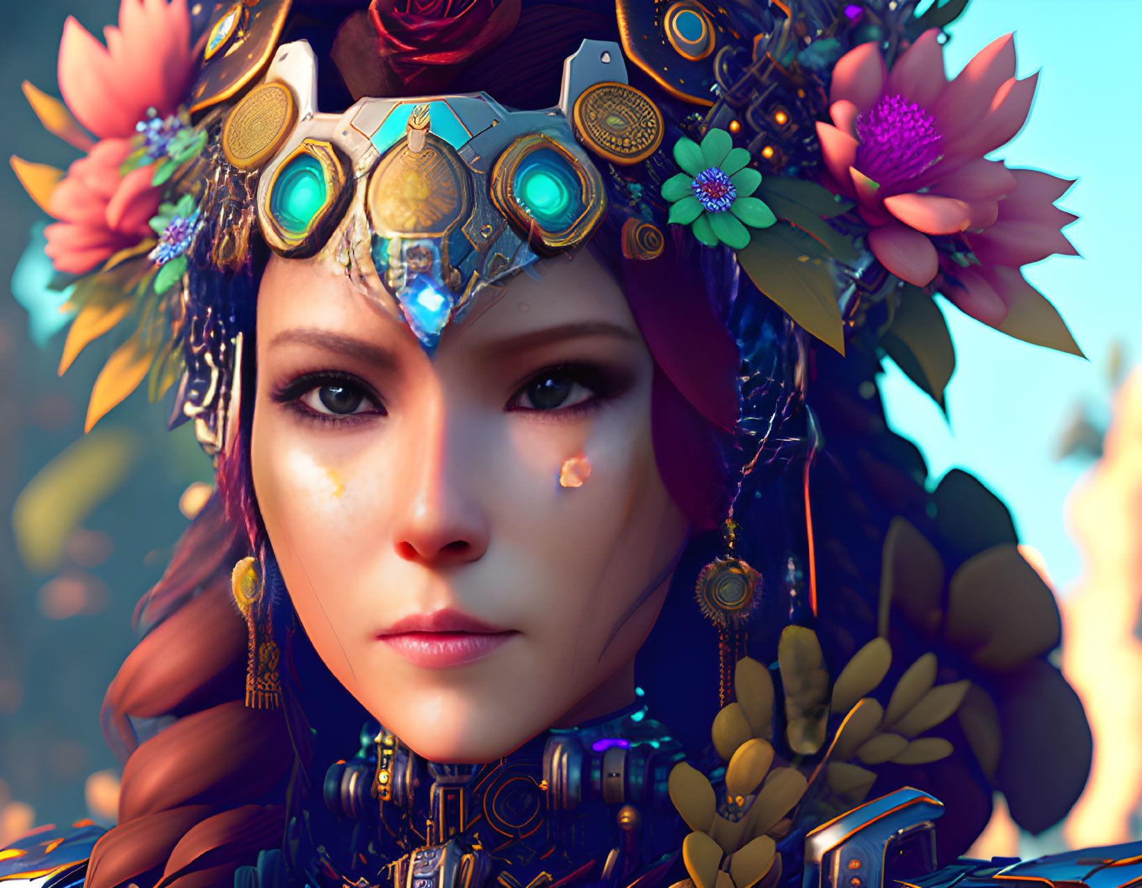 Detailed close-up of woman with floral mechanical headgear in vibrant colors.