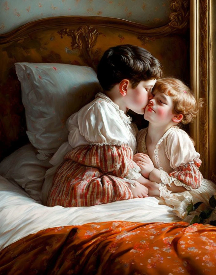 Children sharing gentle kiss on bed with ornate headboard and red blanket