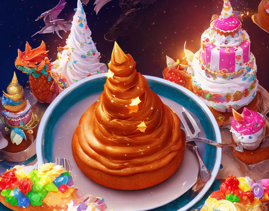Colorful Ornate Cakes with Vibrant Frosting and Decorations