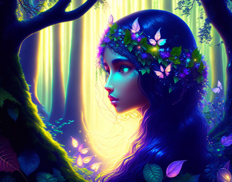 Digital Art: Mystical Female Figure with Leaf and Butterfly Crown in Enchanted Forest