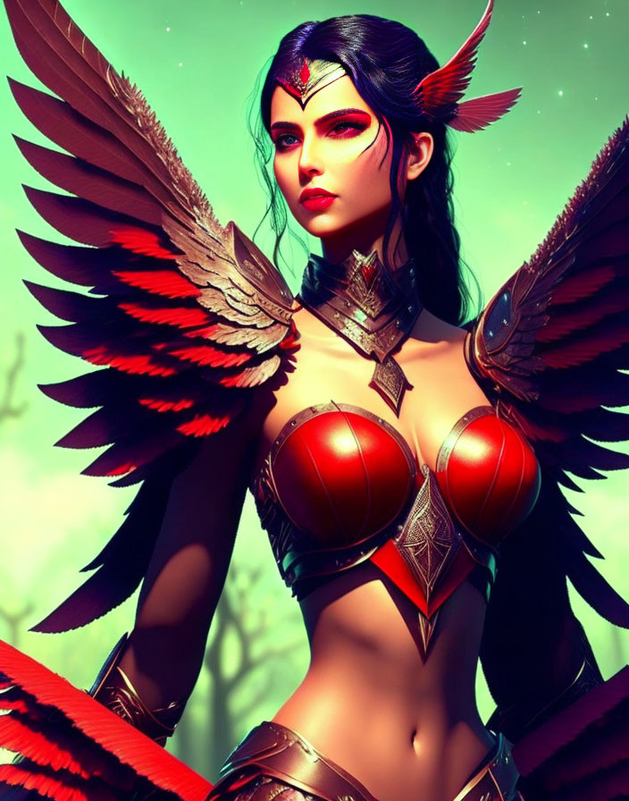 Female warrior with red-tipped wings and armor in teal sky