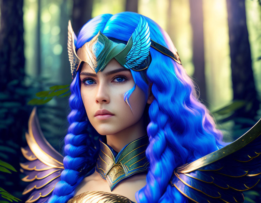 Fantasy warrior with blue hair, winged armor, and mystical helmet in forest