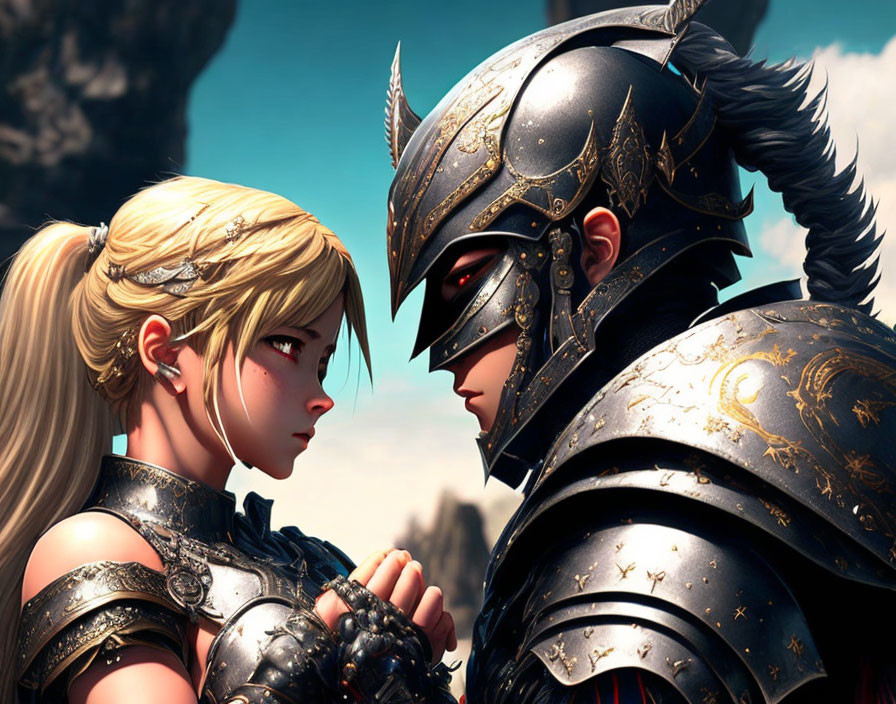 Animated characters in armor: Blond vs. Dark-horned helmet