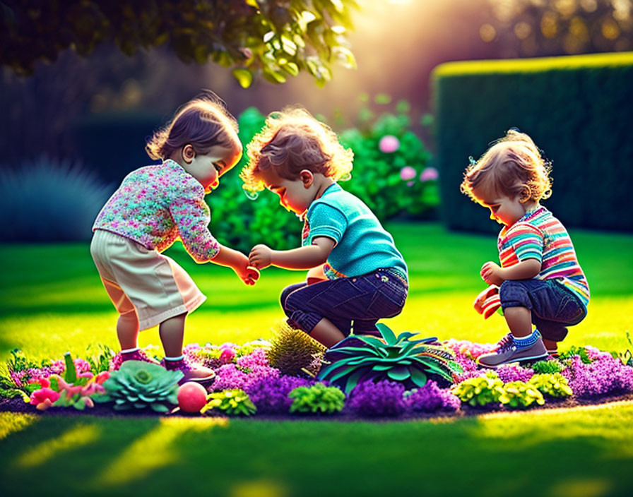 Toddlers playing with colorful toys on sunlit grassy lawn amid flower beds