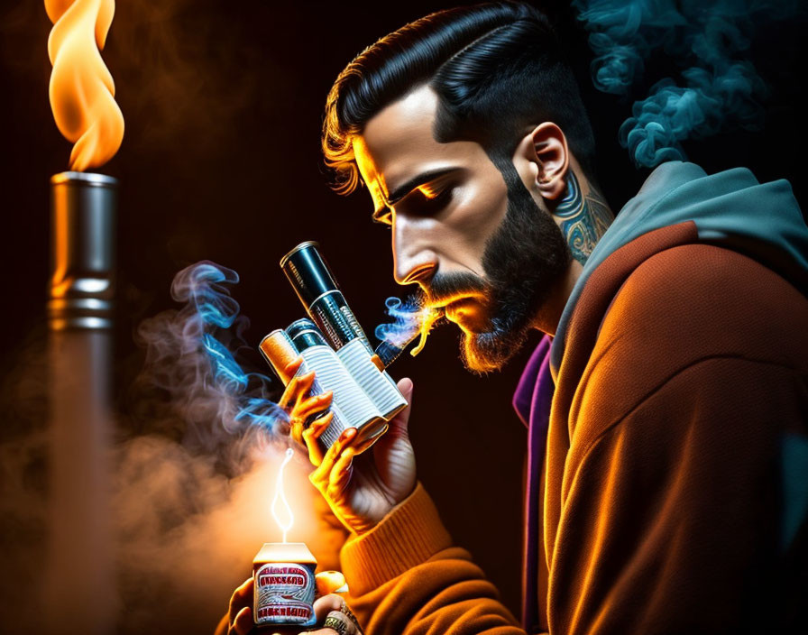 Bearded man with tattoos lighting cigarette in dramatic lighting