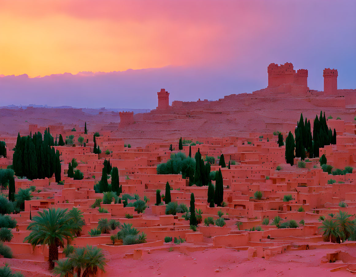 Vivid Sunset Over Ancient Moroccan City with Clay Buildings