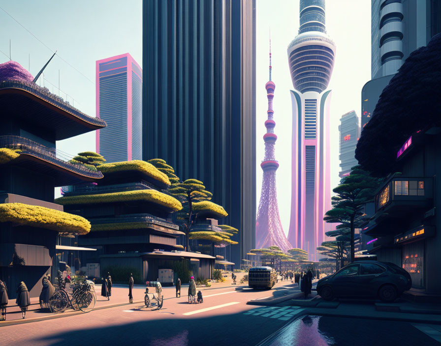 Futuristic cityscape with terraced gardens, skyscrapers, and spire