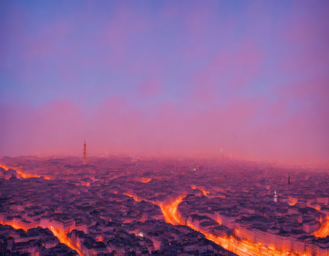 Cityscape at Dusk: Purple and Orange Hue, Fog, Glowing Lights, Tower Silhou