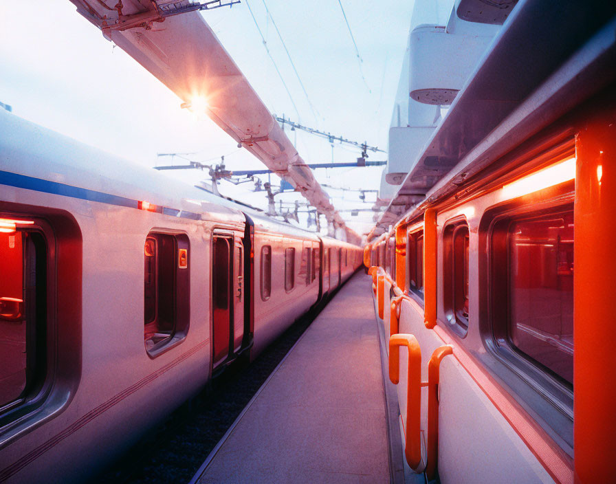 Station scene: Two trains with interior lights at dusk, reflecting on platform, under evening sky