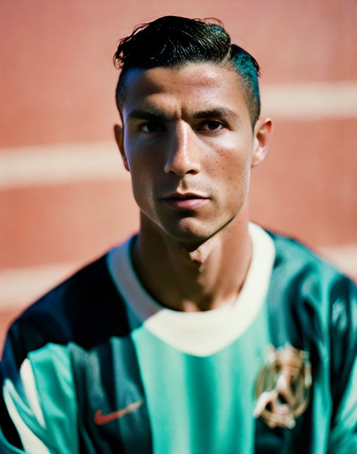 Styled man in green soccer jersey against blurry red backdrop