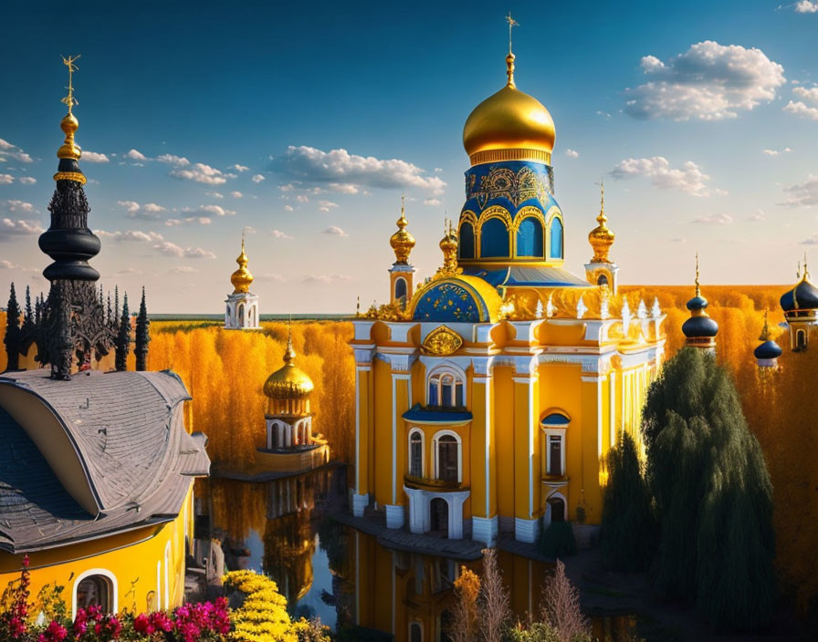 Golden-domed Orthodox church in autumnal setting with blue rooftops