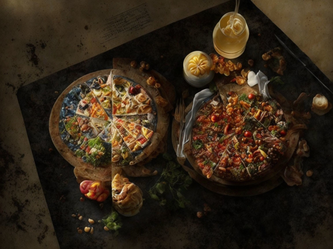 Rustic table with pizzas, garlic knot, lemonade, and ingredients in dimly lit setting