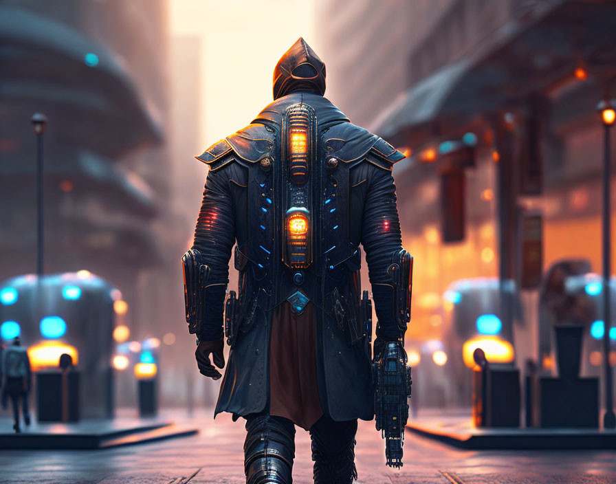 Futuristic warrior in glowing orange armor in deserted cityscape