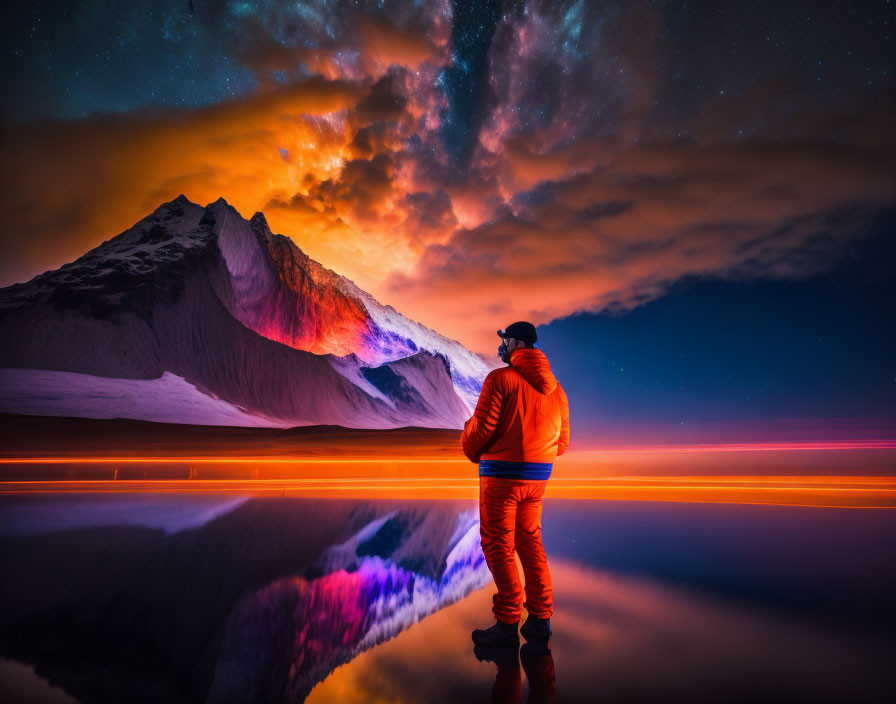 Person in warm jacket gazes at mountain under starry night sky by reflective water