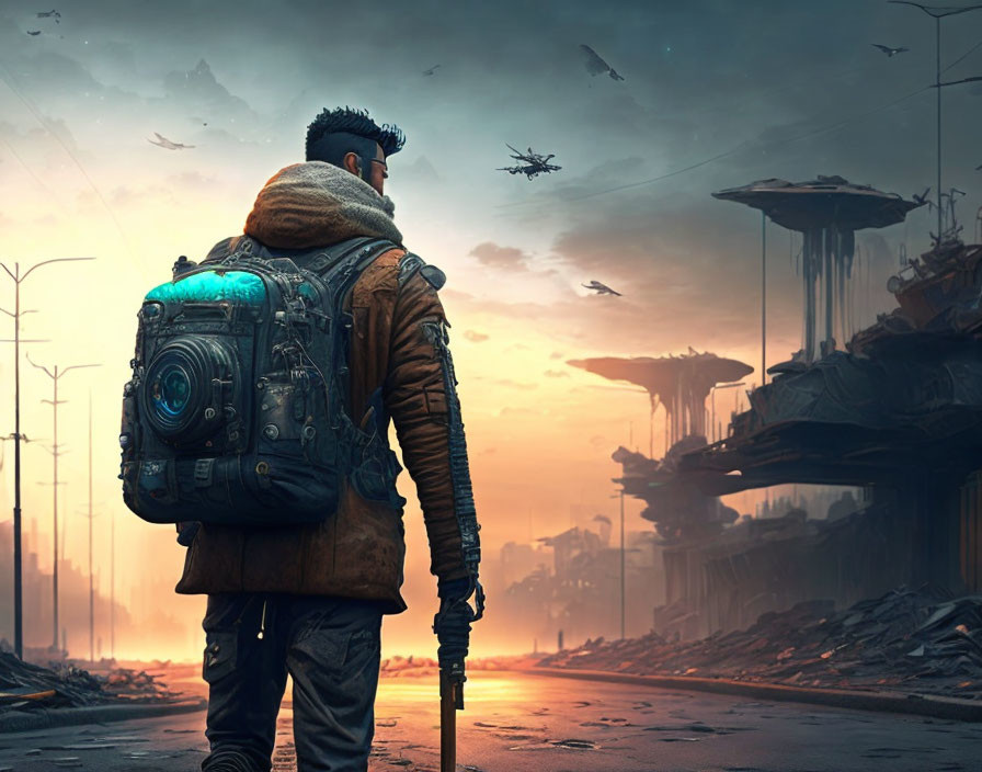 Man with backpack gazes at hovering structures and drones in dystopian dusk scene