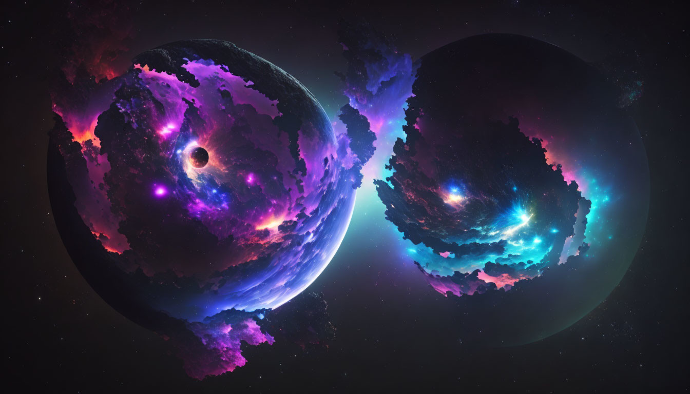 Blue and Purple Glowing Celestial Bodies in Starry Space